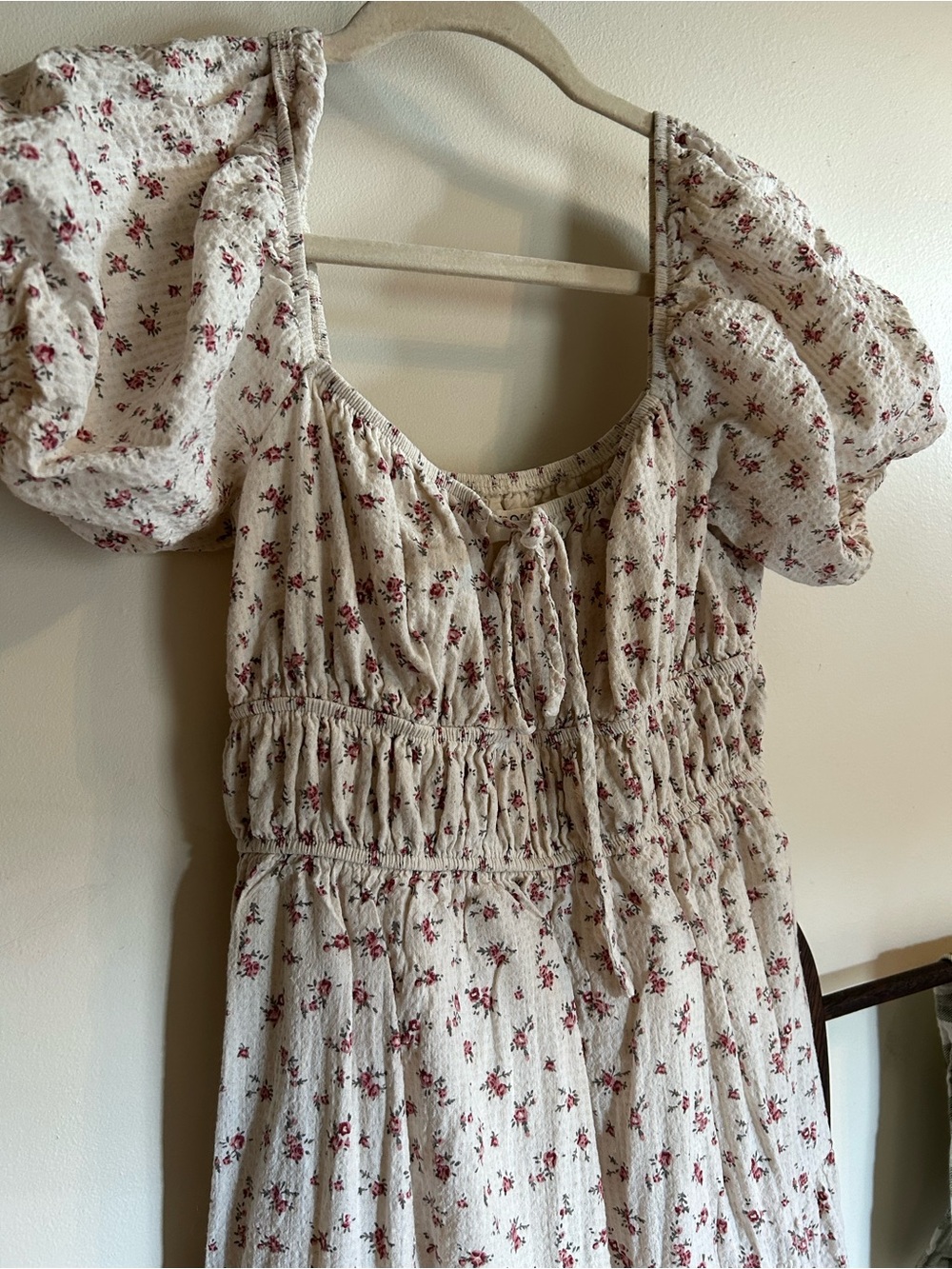 Smocked Floral Midi Dress in Cream with Rose Print—Valencia dress